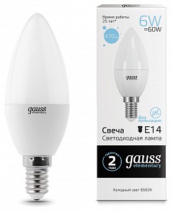 Лампа светодиодная [LED] Gauss E14 6W 6500K