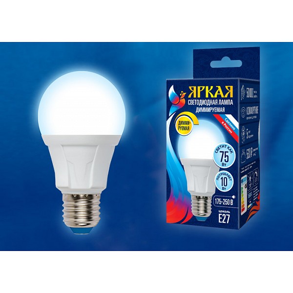 фото Лампа светодиодная Яркая Dim E27 175-250В 10Вт 6500K LED-A60 10W/6500K/E27/FR/DIM PLP01WH картон Uniel