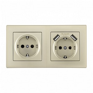 Розетка с заземлением и со шторкой и 2хUSB SET06-2 SET06-2-47-1-40-1 shampan