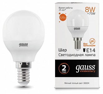 Лампа светодиодная [LED] Gauss E14 8W 3000K