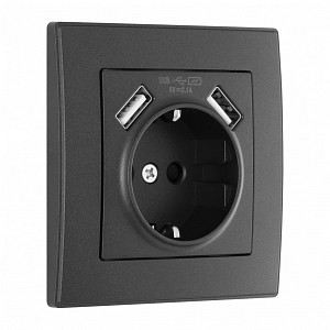 Розетка с заземлением и со шторкой и 2хUSB SET06-1 SET06-1-47-1 black