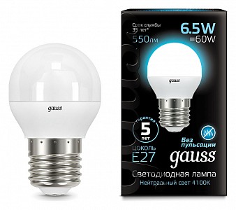 Лампа светодиодная [LED] Gauss E27 6.5W 4100K