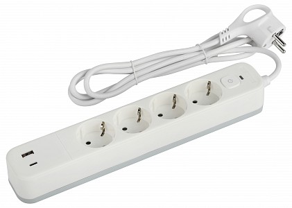 Удлинитель с выключателем  USF-4es-1,5m-2xUSBAC-W