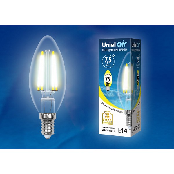 

Лампа светодиодная Air E14 220В 7,5Вт 3000K LED-C35-7,5W/WW/E14/CL GLA01TR картон, Air E14 220В 7,5Вт 3000K LED-C35-7,5W/WW/E14/CL GLA01TR картон
