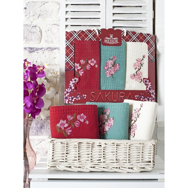 

Набор из 3 полотенец для кухни Sakura, Молочный;мятный;красный, Sakura