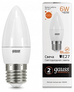 Лампа светодиодная [LED] Gauss E27 6W 3000K