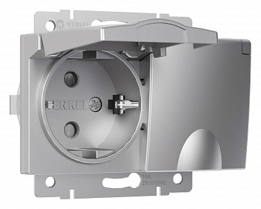 Розетка двойная влагозащищенная с заземлением и со шторками, без рамки с крышкой серебряные W1172206 Розетка двойная влагозащищенная с заземлением и со шторками, без рамки с крышкой серебряные W1172206