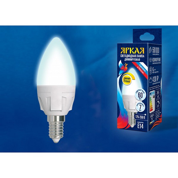 Лампа светодиодная Яркая Dim E14 175-250В 7Вт 4000K LED-C37 7W/4000K/E14/FR/DIM PLP01WH картон UL_UL-00004294