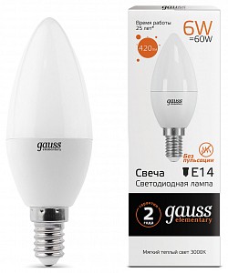 Лампа светодиодная [LED] Gauss E14 6W 3000K