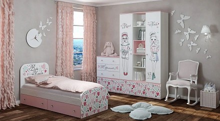 Шкаф 1 дверный Малибу белый с розовым рисунком 