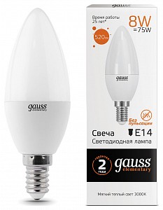 Лампа светодиодная [LED] Gauss E14 8W 3000K