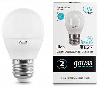 Лампа светодиодная [LED] Gauss E27 6W 4100K