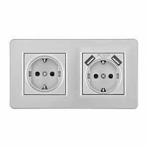 Розетка с заземлением и со шторкой и 2хUSB SET16-2 SET16-2-47-1-40-1 silver