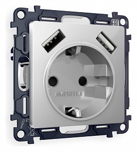 Розетка с заземлением и со шторкой и 2хUSB type A, без рамки Quant MA409010