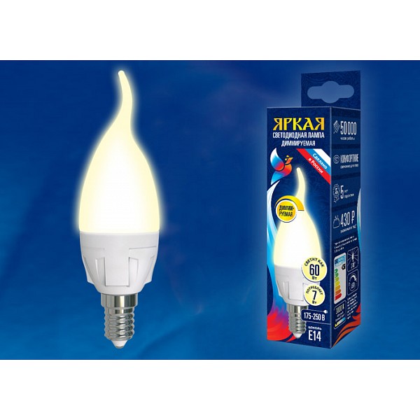 Лампа светодиодная Яркая Dim E14 175-250В 7Вт 3000K LED-CW37 7W/3000K/E14/FR/DIM PLP01WH картон UL_UL-00004299