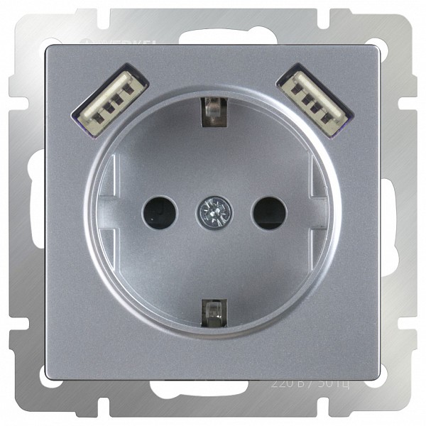 

Розетка с заземлением, шторками и 2хUSB, без рамки Серебряный WL06-SKGS-USBx2-IP20, Серебряный WL06-SKGS-USBx2-IP20
