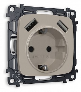 Розетка с заземлением и 2хUSB type A, без рамки Quant MO369010