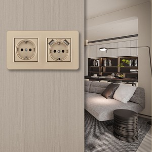 Розетка с заземлением и со шторкой и 2хUSB SET16-2 SET16-2-47-1-40-1 shampan