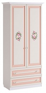 Шкаф 2-х дверный Алиса крем с цветным рисунком и розовой патиной 