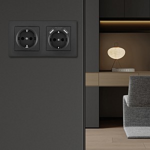Розетка с заземлением и со шторкой и 2хUSB SET06-2 SET06-2-47-1-40-1 black