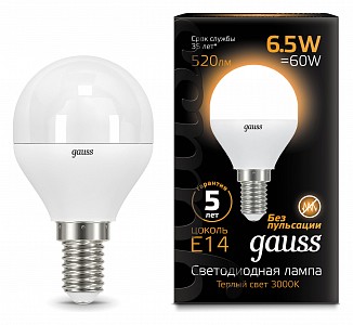 Лампа светодиодная [LED] Gauss E14 6.5W 3000K