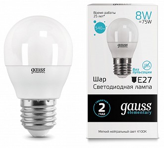 Лампа светодиодная [LED] Gauss E27 8W 4100K